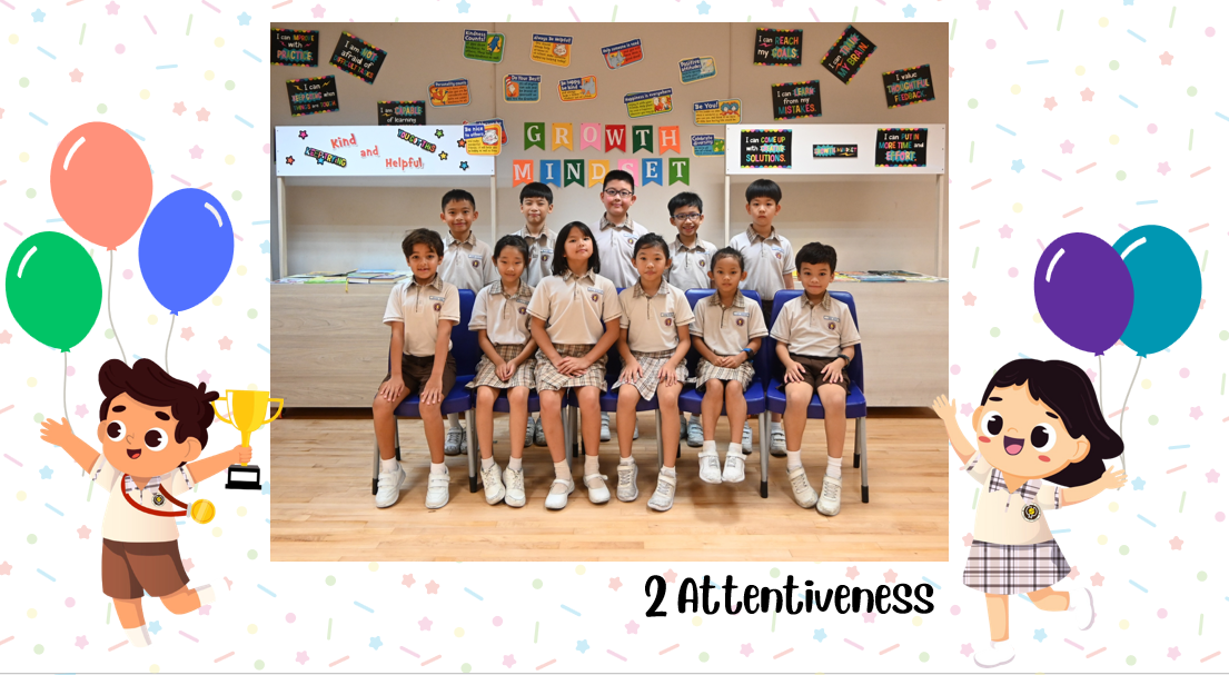 A group of Primary 2A students posing for a class photo after receiving class awards.