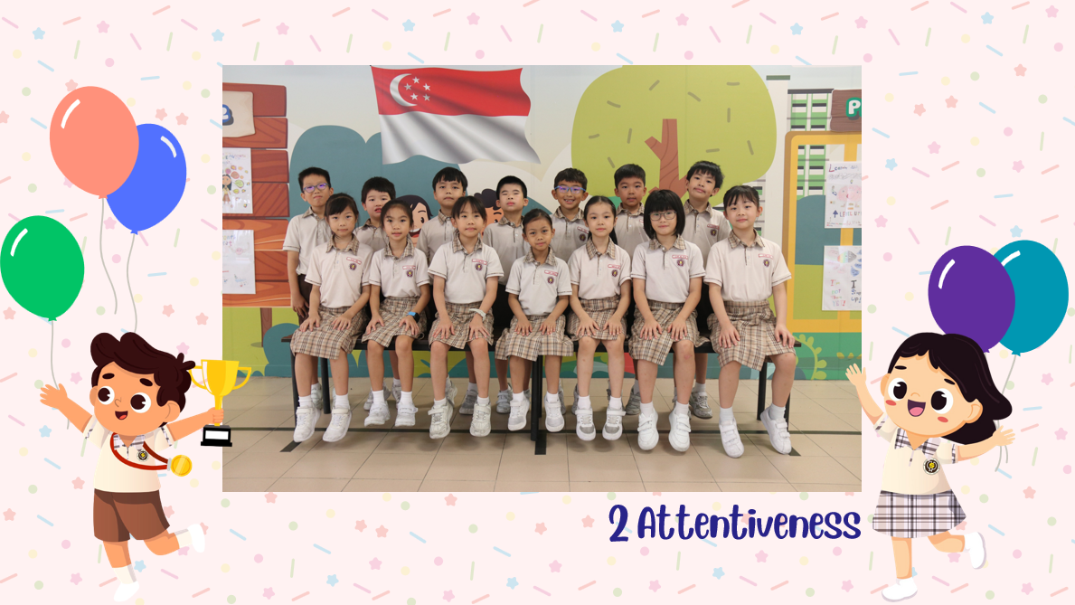 A group of Primary 2A students posing for a class photo after receiving class awards.