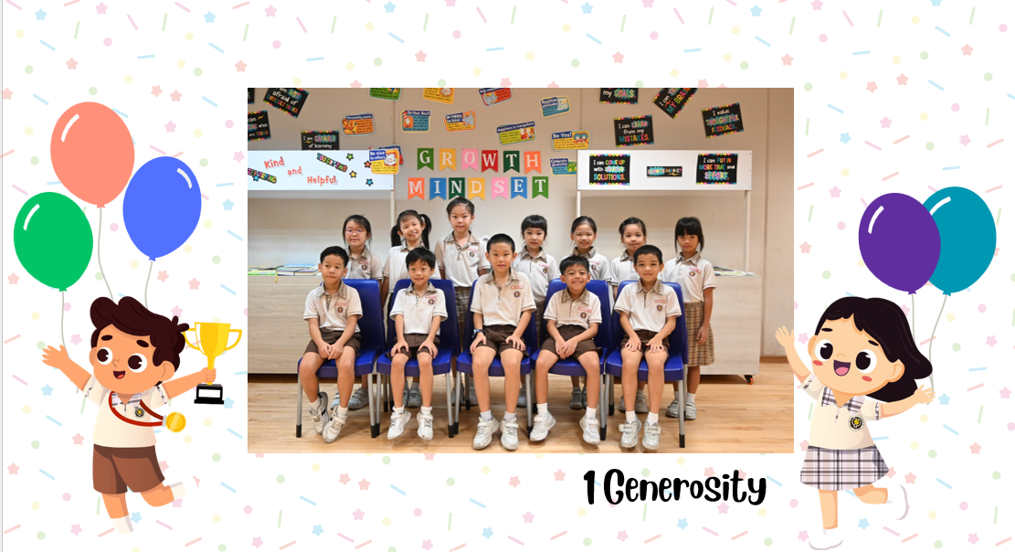 A group of Primary 1G students posing for a class photo after receiving class awards.