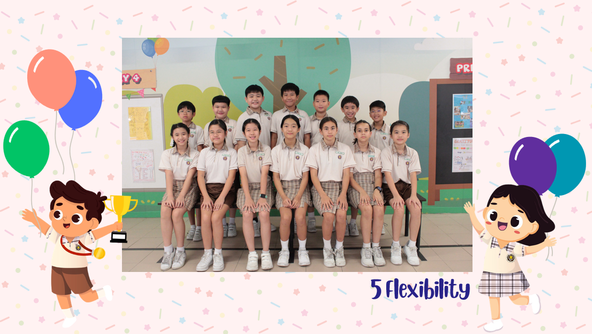 A group of Primary 5G students posing for a class photo after receiving class awards.