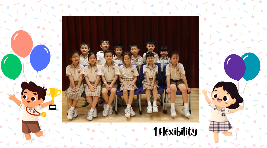 A group of Primary 1F students posing for a class photo after receiving class awards.