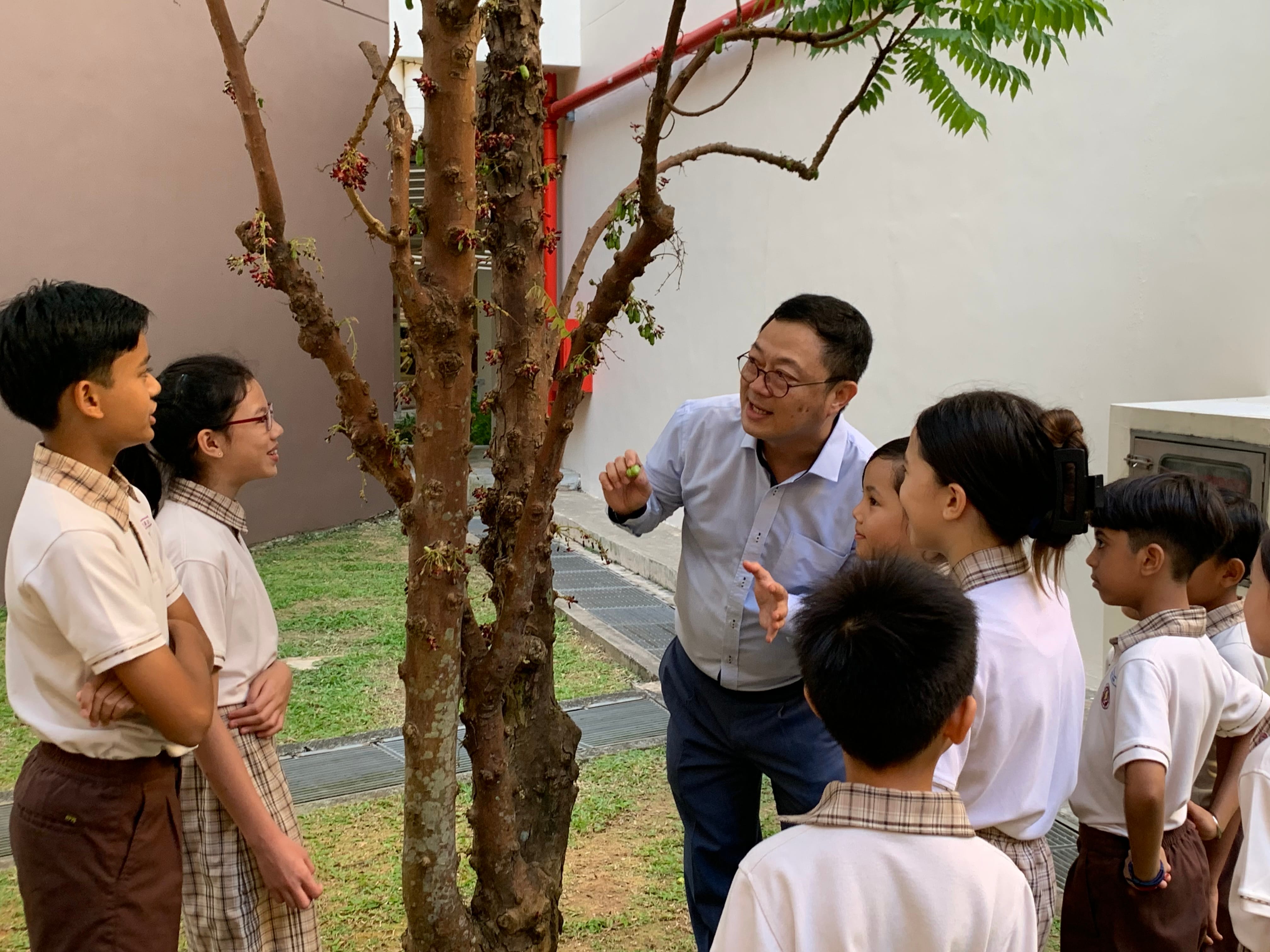 The principal is having a conversation with a group of Henry Park students gathered around a tree in the school.