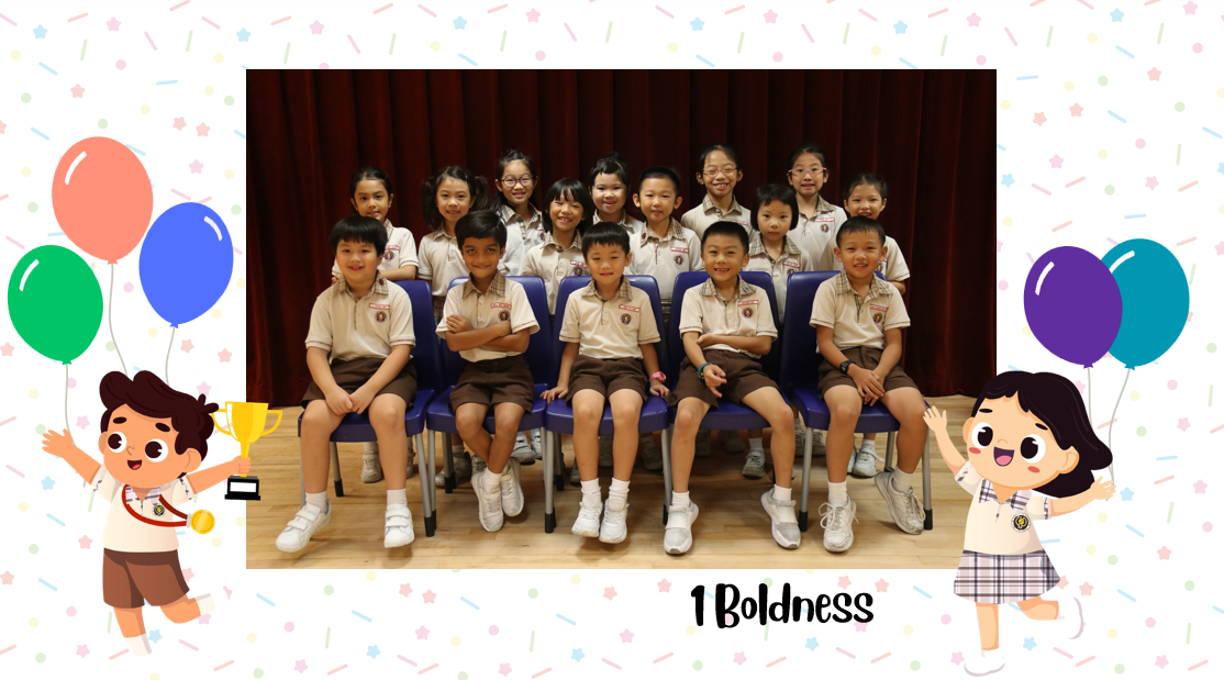 A group of Primary 1B students posing for a class photo after receiving class awards.
