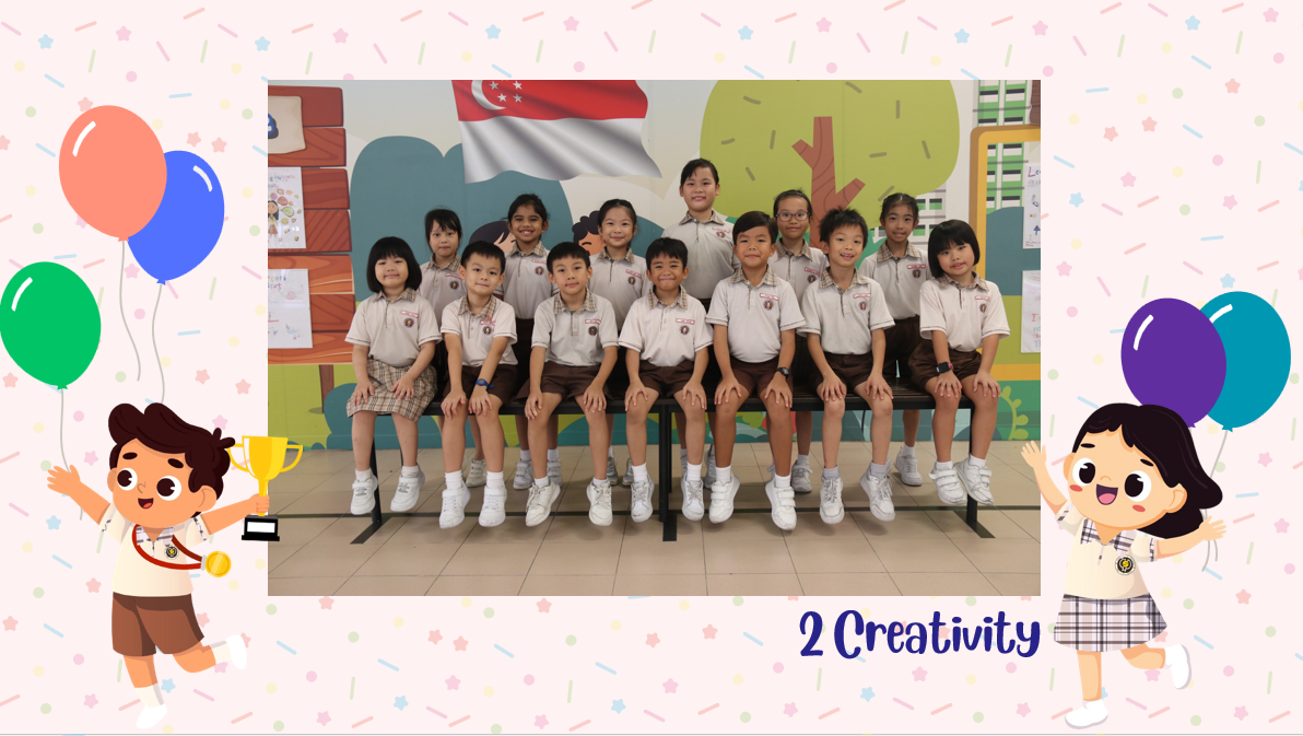 A group of Primary 2C students posing for a class photo after receiving class awards.
