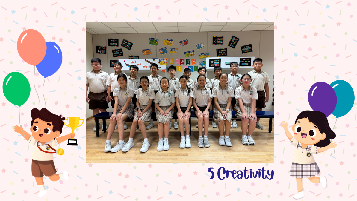 A group of Primary 5C students posing for a class photo after receiving class awards.