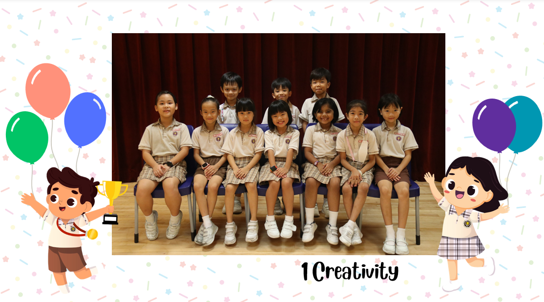 A group of Primary 1C students posing for a class photo after receiving class awards.