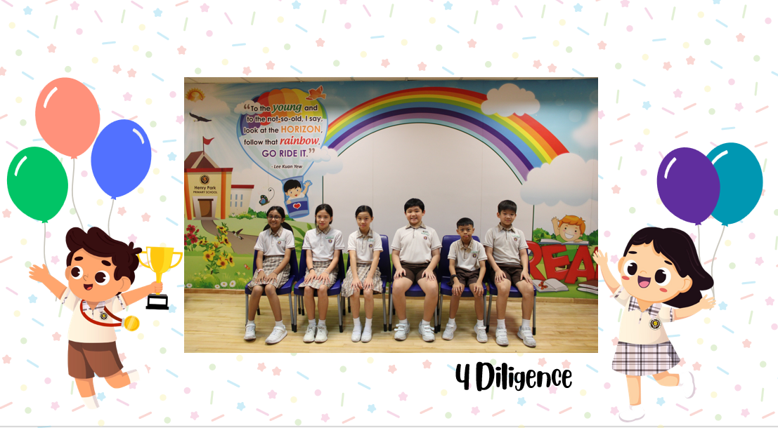 A group of Primary 4D students posing for a class photo after receiving class awards.