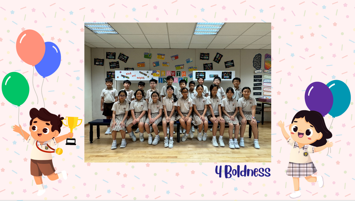 A group of Primary 4B students posing for a class photo after receiving class awards.