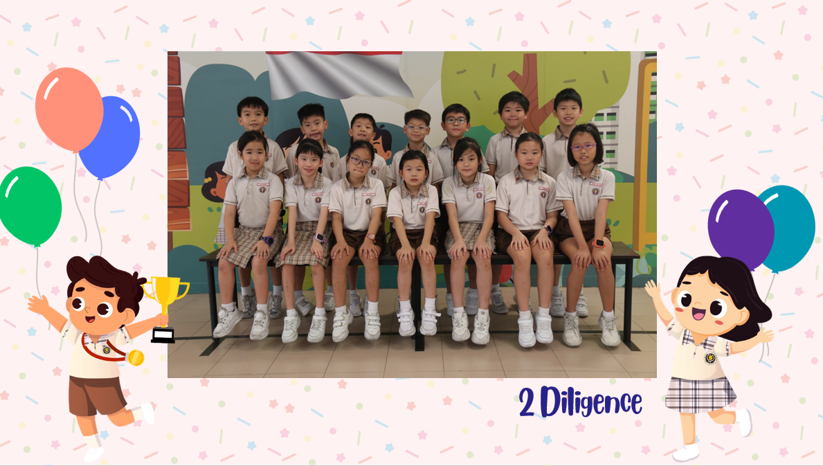 A group of Primary 2D students posing for a class photo after receiving class awards.