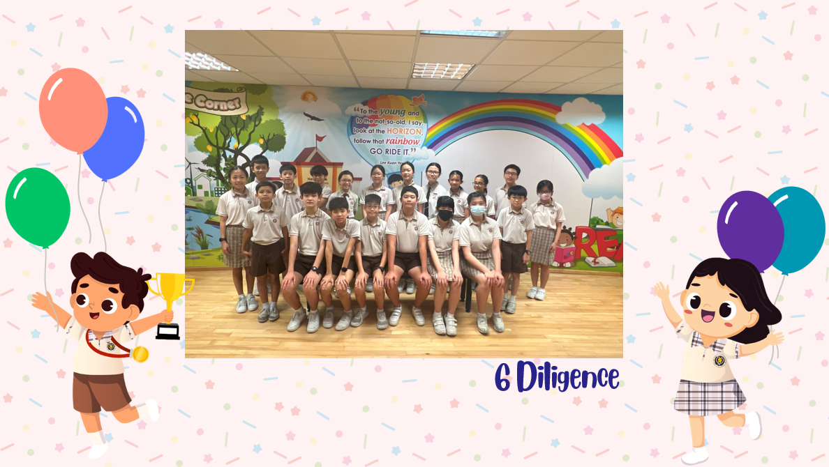 A group of Primary 6D students posing for a class photo after receiving class awards.