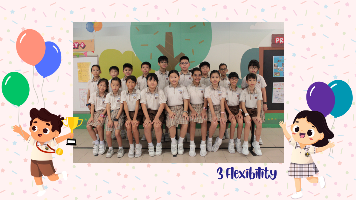 A group of Primary 3F students posing for a class photo after receiving class awards.