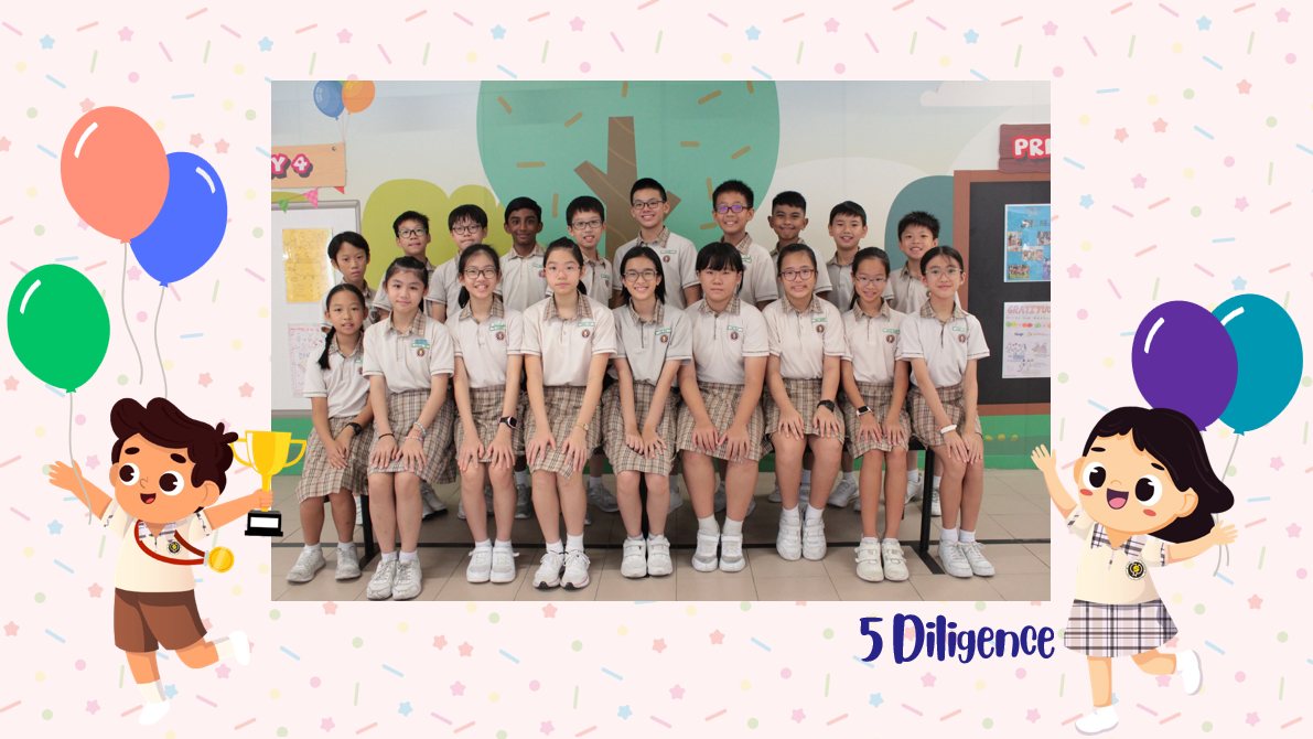 A group of Primary 5D students posing for a class photo after receiving class awards.