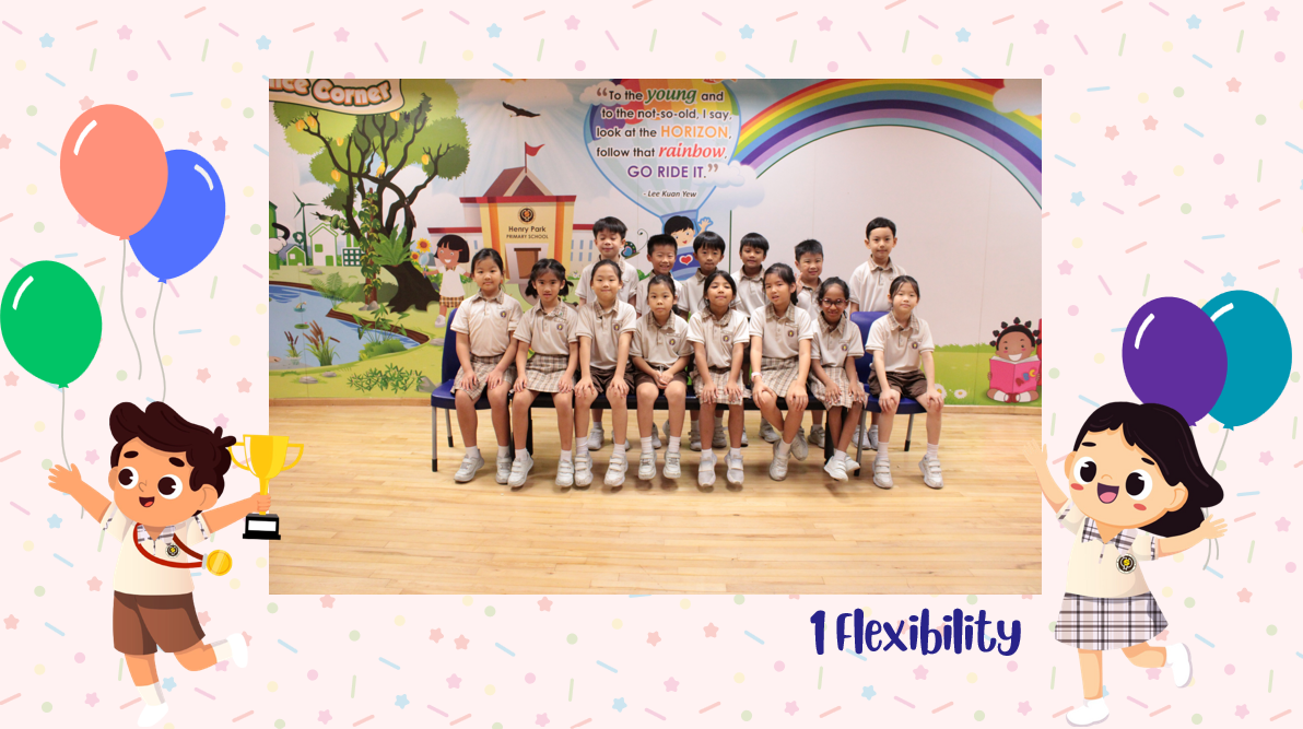 A group of Primary 1FA students posing for a class photo after receiving class awards.