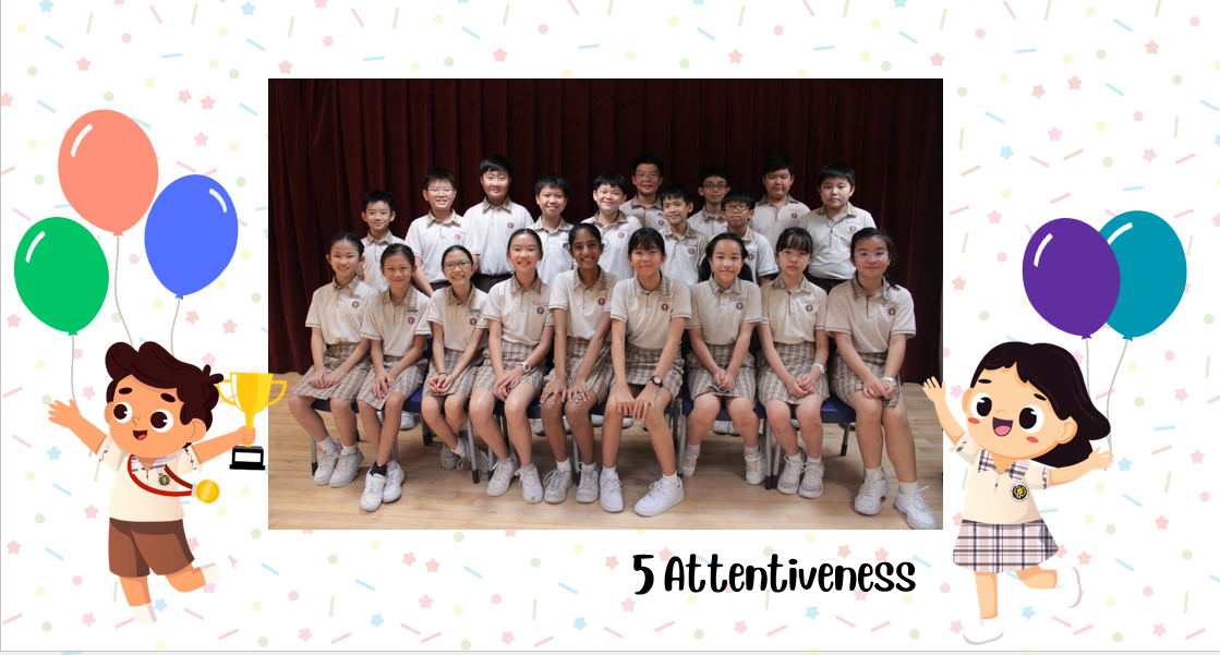 A group of Primary 5A students posing for a class photo after receiving class awards.