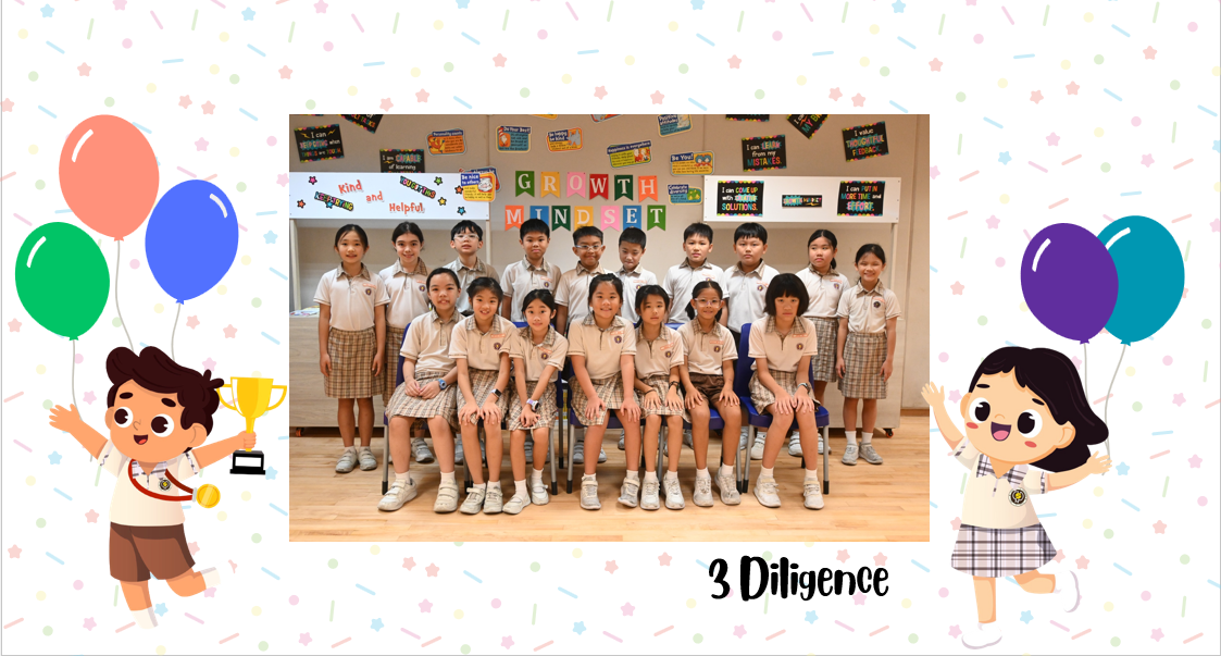 A group of Primary 3D students posing for a class photo after receiving class awards.