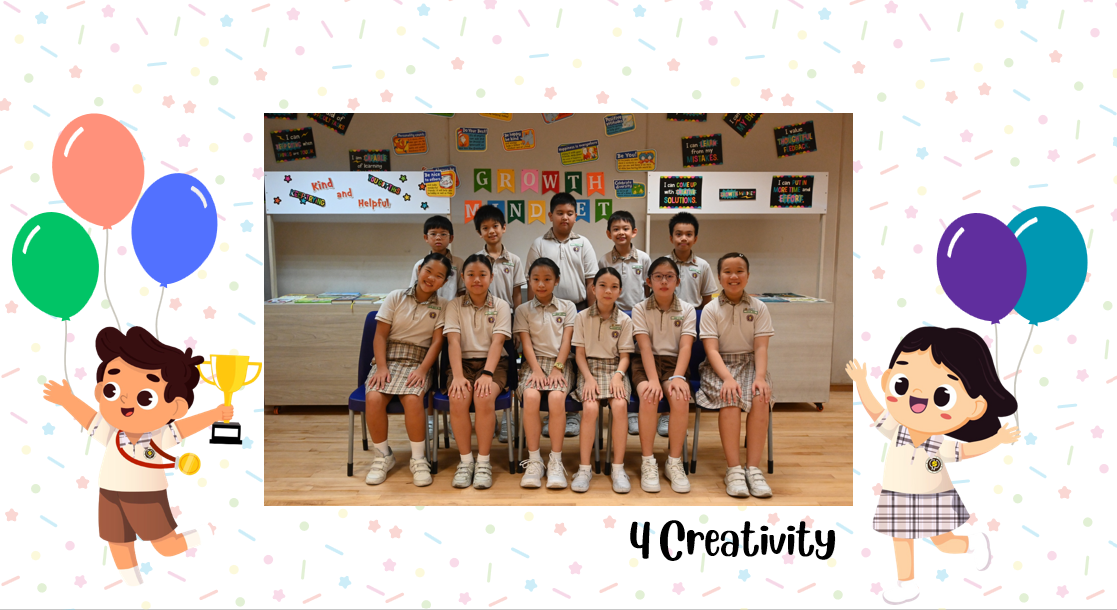 A group of Primary 4C students posing for a class photo after receiving class awards.