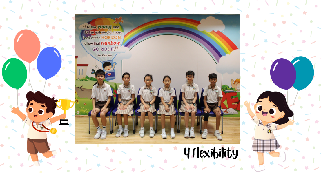 A group of Primary 4F students posing for a class photo after receiving class awards.