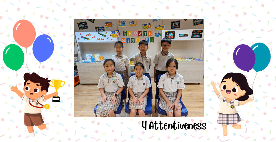 A group of Primary 4A students posing for a class photo after receiving class awards.