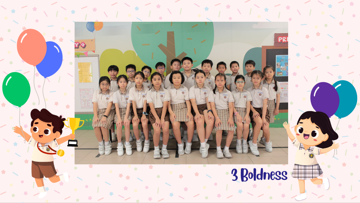 A group of Primary 3B students posing for a class photo after receiving class awards.