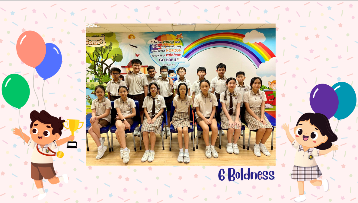A group of Primary 6B students posing for a class photo after receiving class awards.