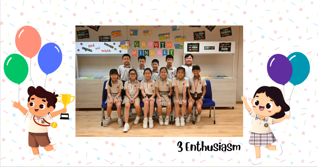 A group of Primary 3E students posing for a class photo after receiving class awards.