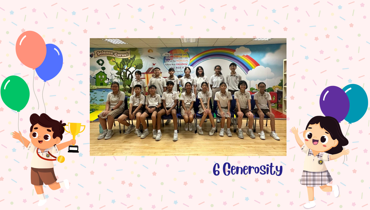 A group of Primary 6G students posing for a class photo after receiving class awards.