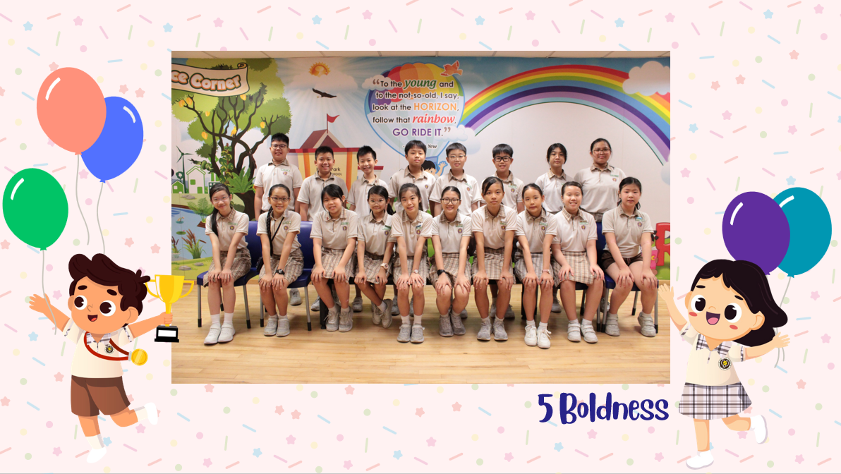 A group of Primary 5B students posing for a class photo after receiving class awards.