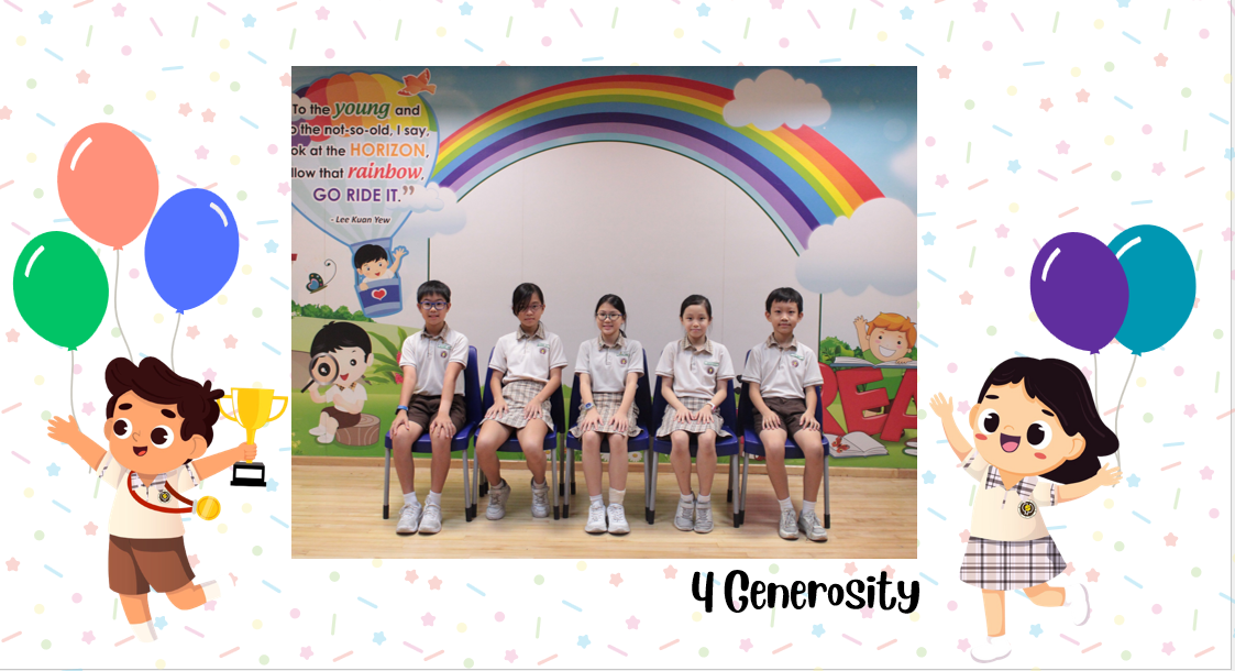 A group of Primary 4G students posing for a class photo after receiving class awards.