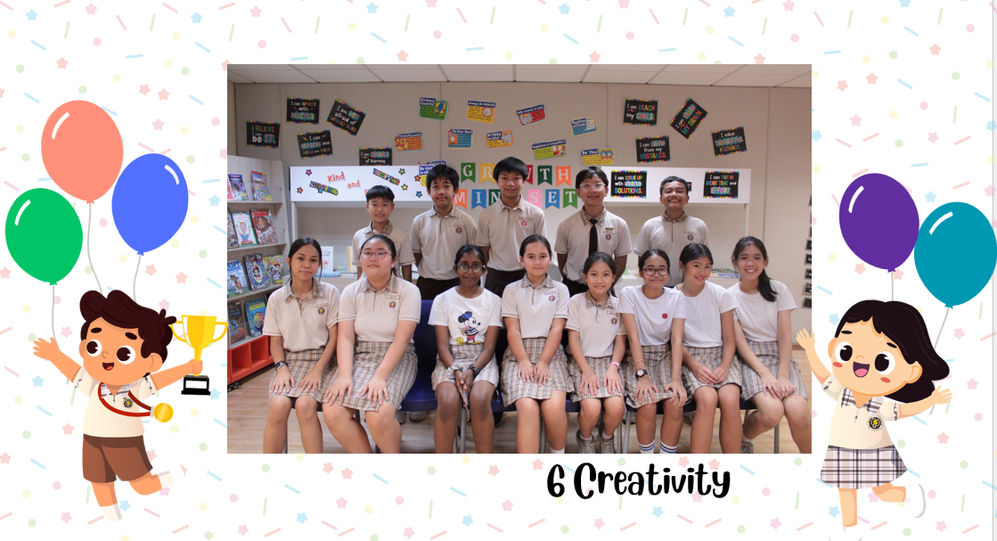 A group of Primary 6C students posing for a class photo after receiving class awards.