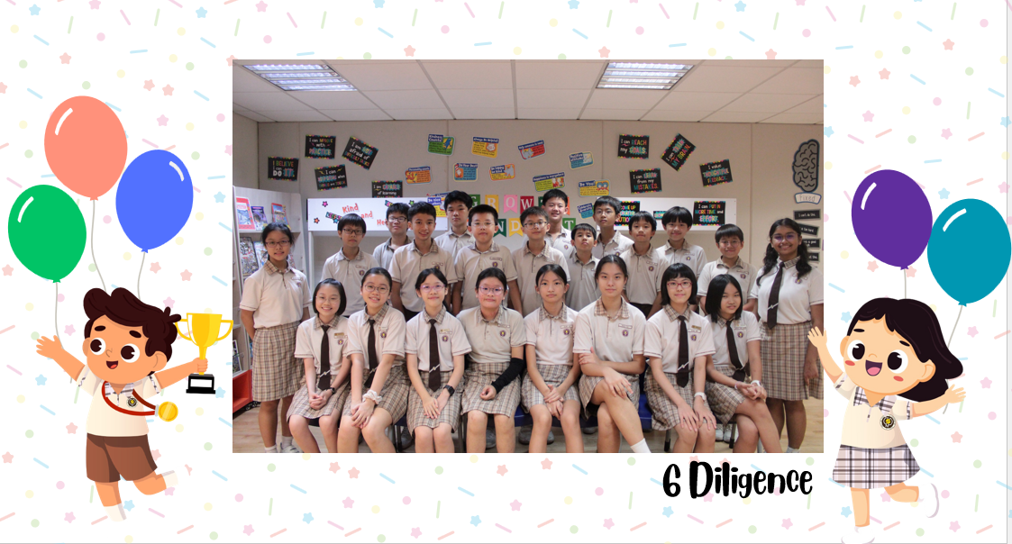 A group of Primary 6D students posing for a class photo after receiving class awards.