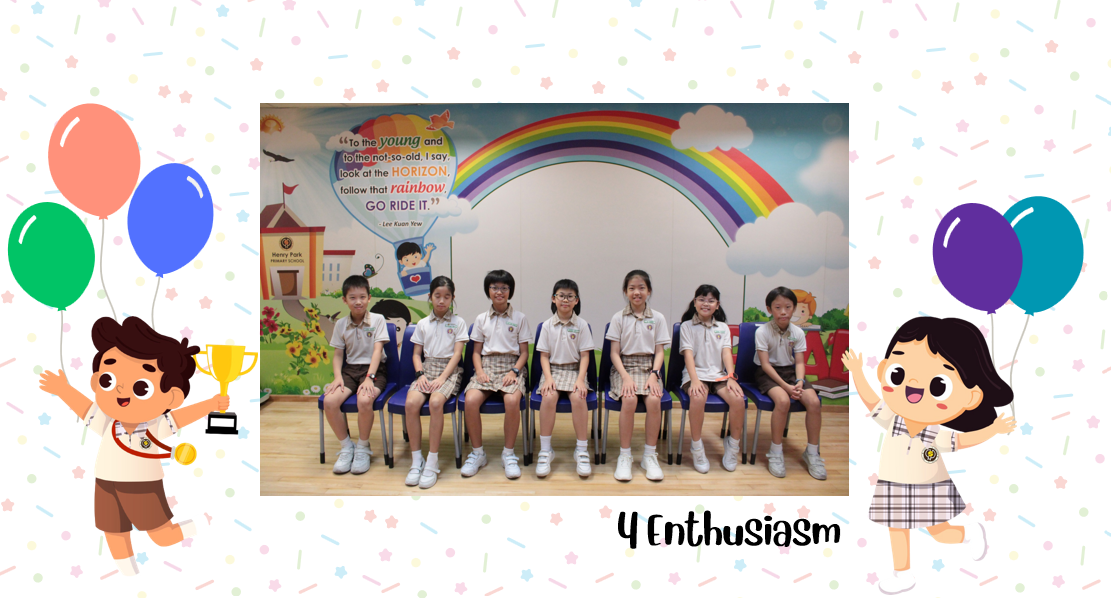 A group of Primary 4E students posing for a class photo after receiving class awards.