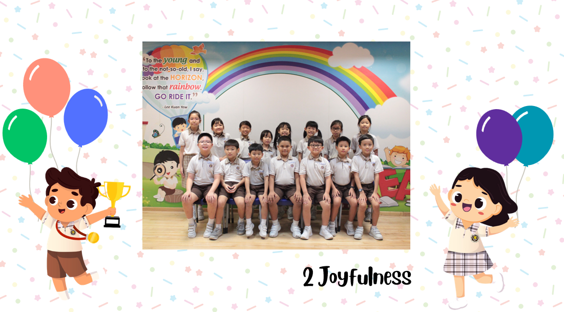 A group of Primary 2J students posing for a class photo after receiving class awards.