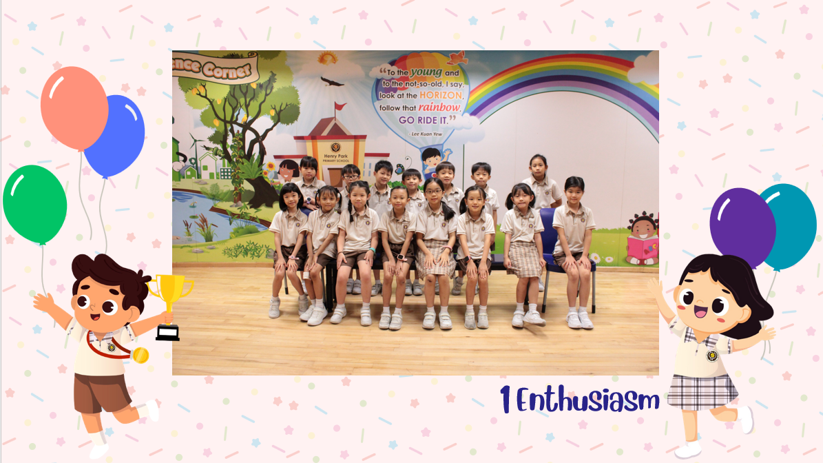 A group of Primary 1E students posing for a class photo after receiving class awards.