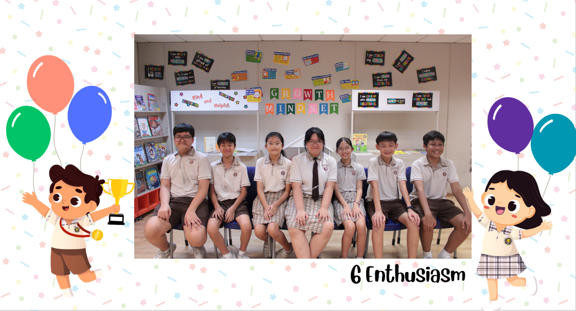 A group of Primary 6E students posing for a class photo after receiving class awards.