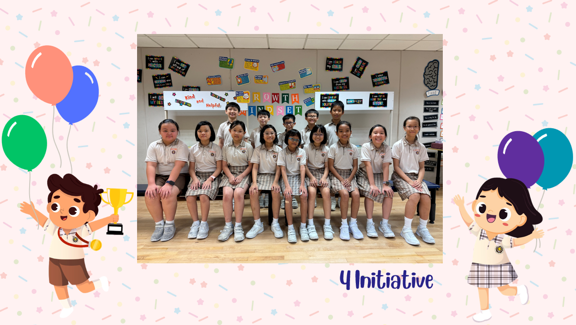 A group of Primary 4I students posing for a class photo after receiving class awards.
