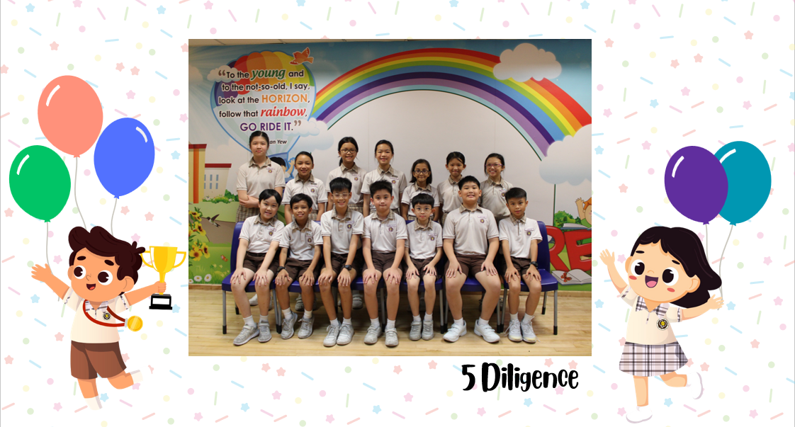 A group of Primary 5D students posing for a class photo after receiving class awards.