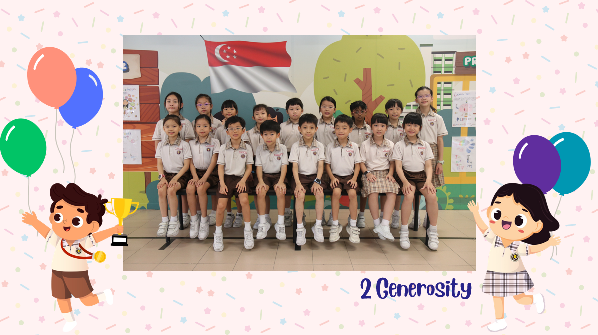 A group of Primary 2G students posing for a class photo after receiving class awards.