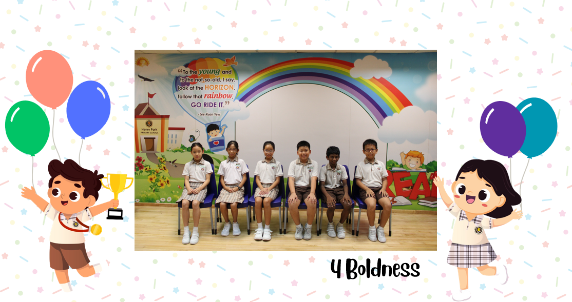 A group of Primary 4B students posing for a class photo after receiving class awards.