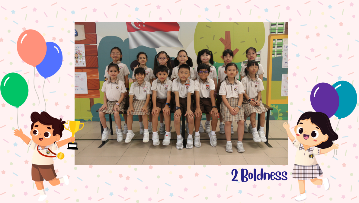 A group of Primary 2B students posing for a class photo after receiving class awards.