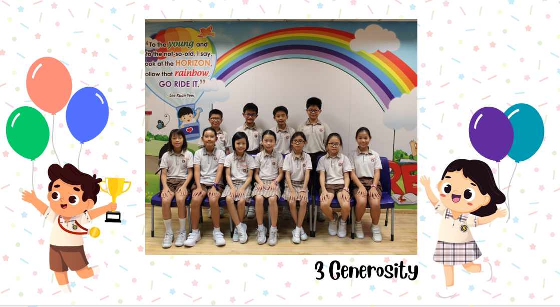A group of Primary 3G students posing for a class photo after receiving class awards.