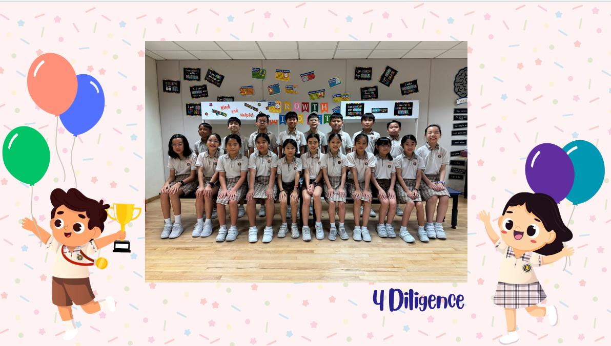 A group of Primary 4D students posing for a class photo after receiving class awards.
