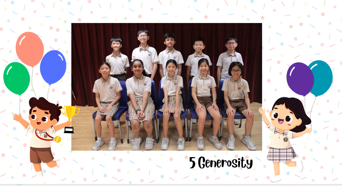 A group of Primary 5G students posing for a class photo after receiving class awards.