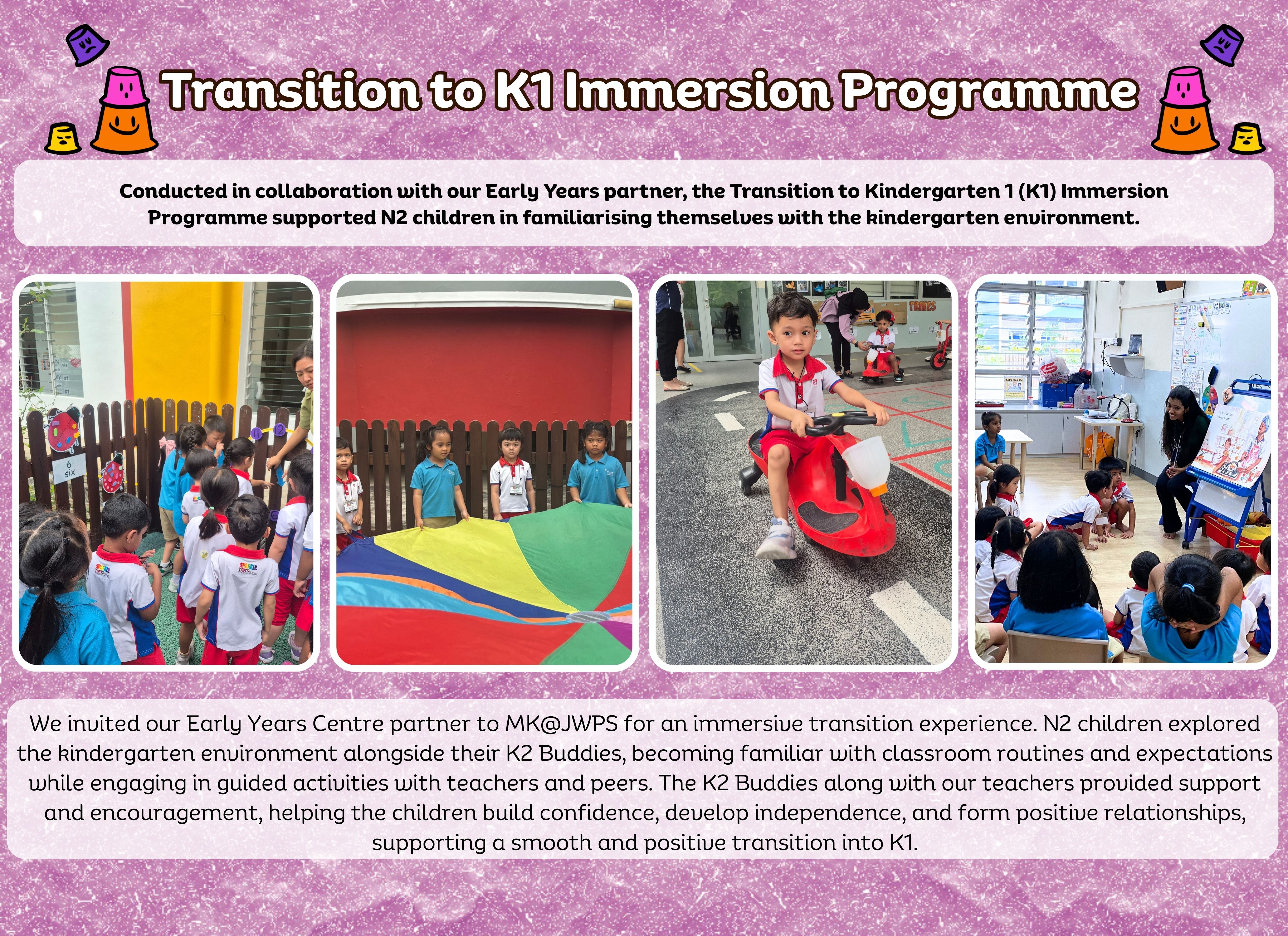 Flyer for Transition to K1 Immersion Programme showing four photos of young children doing activities at school.