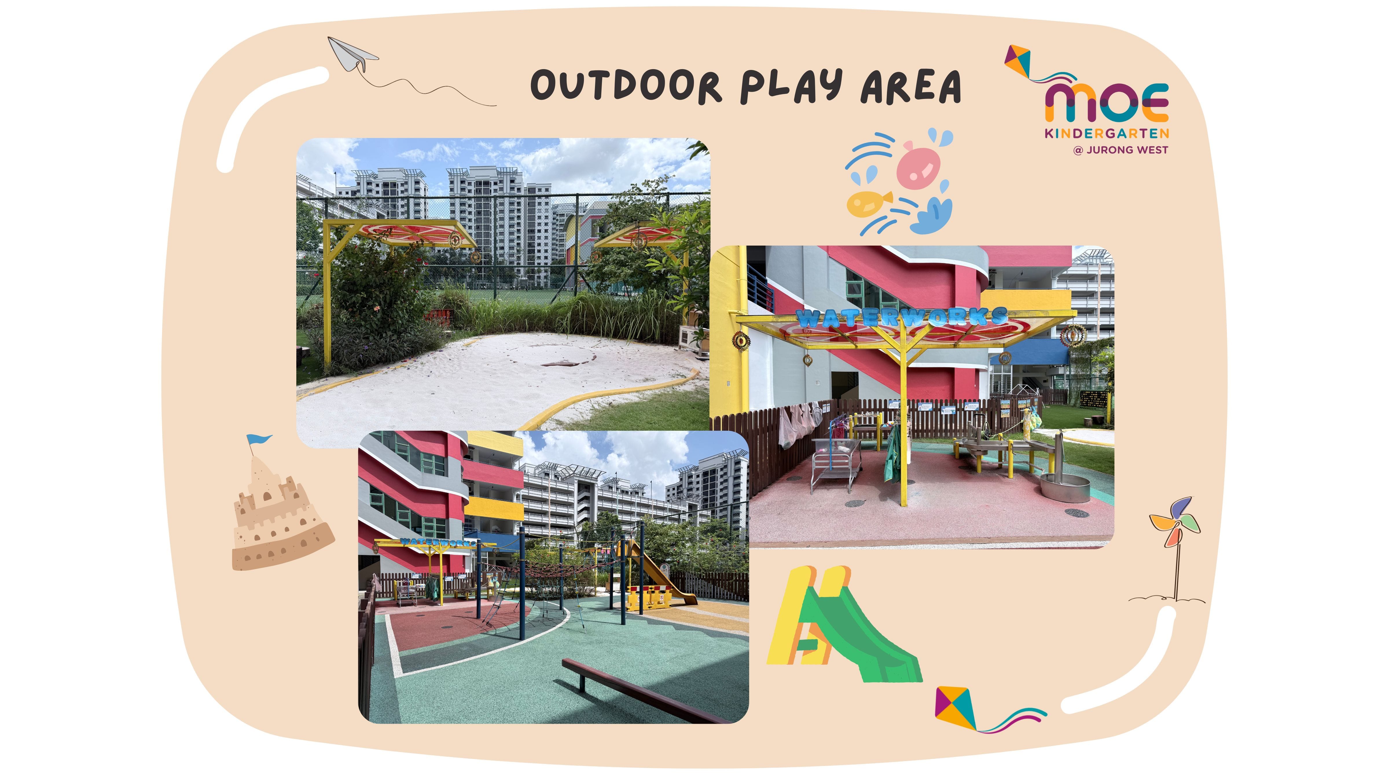 MOE Kindergarten at Jurong West outdoor play area showing sandbox, waterworks station, and colorful playground equipment.