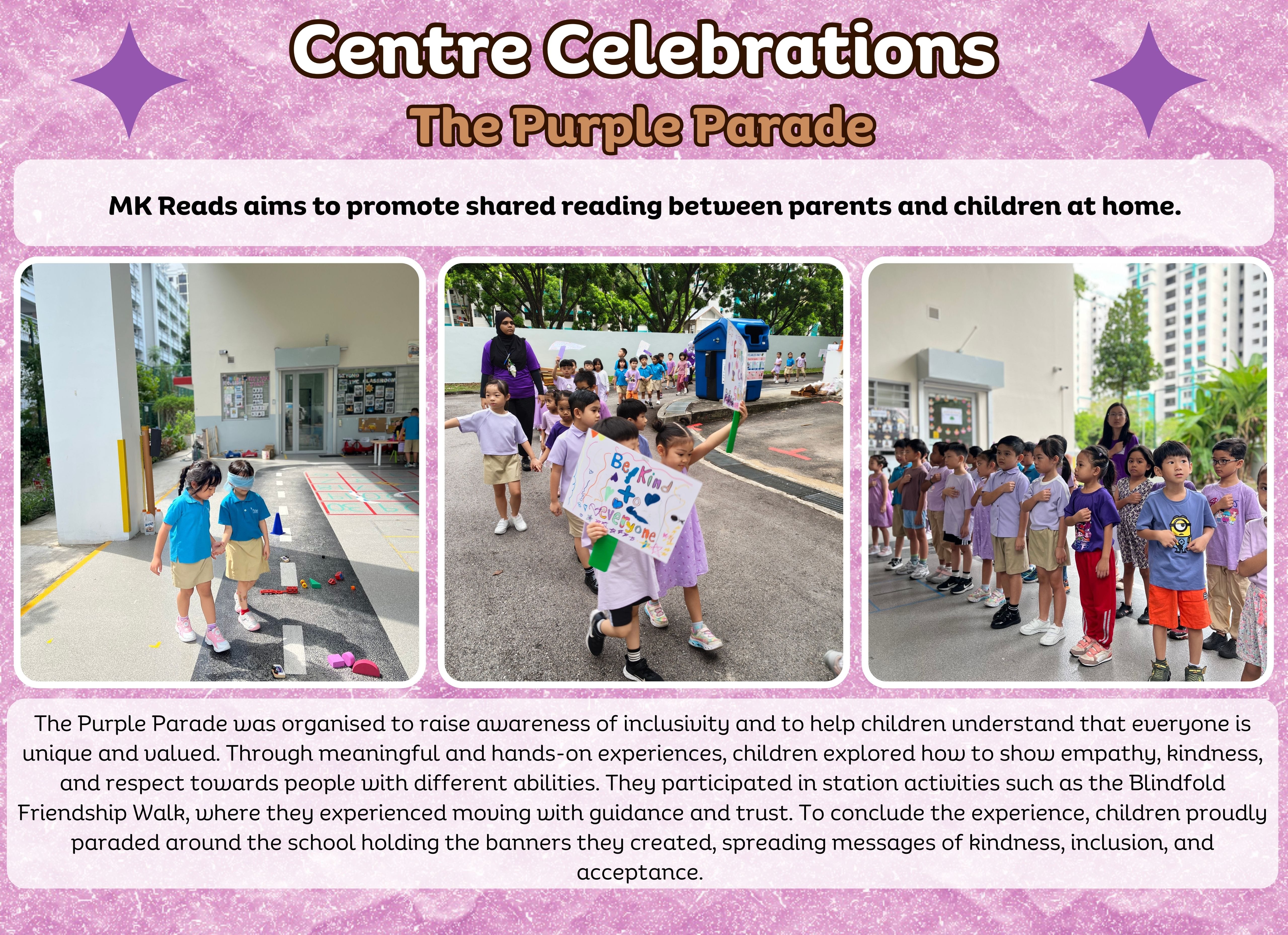 Flyer titled Centre Celebrations The Purple Parade showing three photos of young children parading outdoors holding kindness banners.