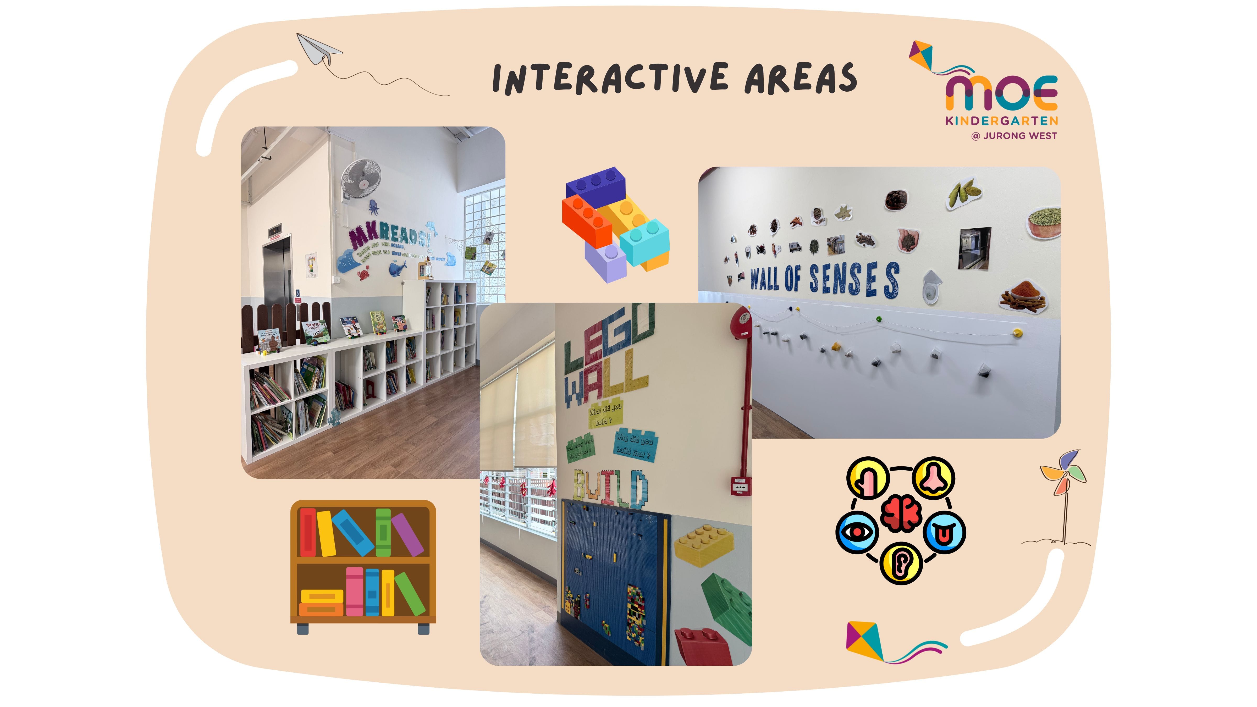 MOE Kindergarten Jurong West interactive areas showing a reading corner, Lego wall, and Wall of Senses.