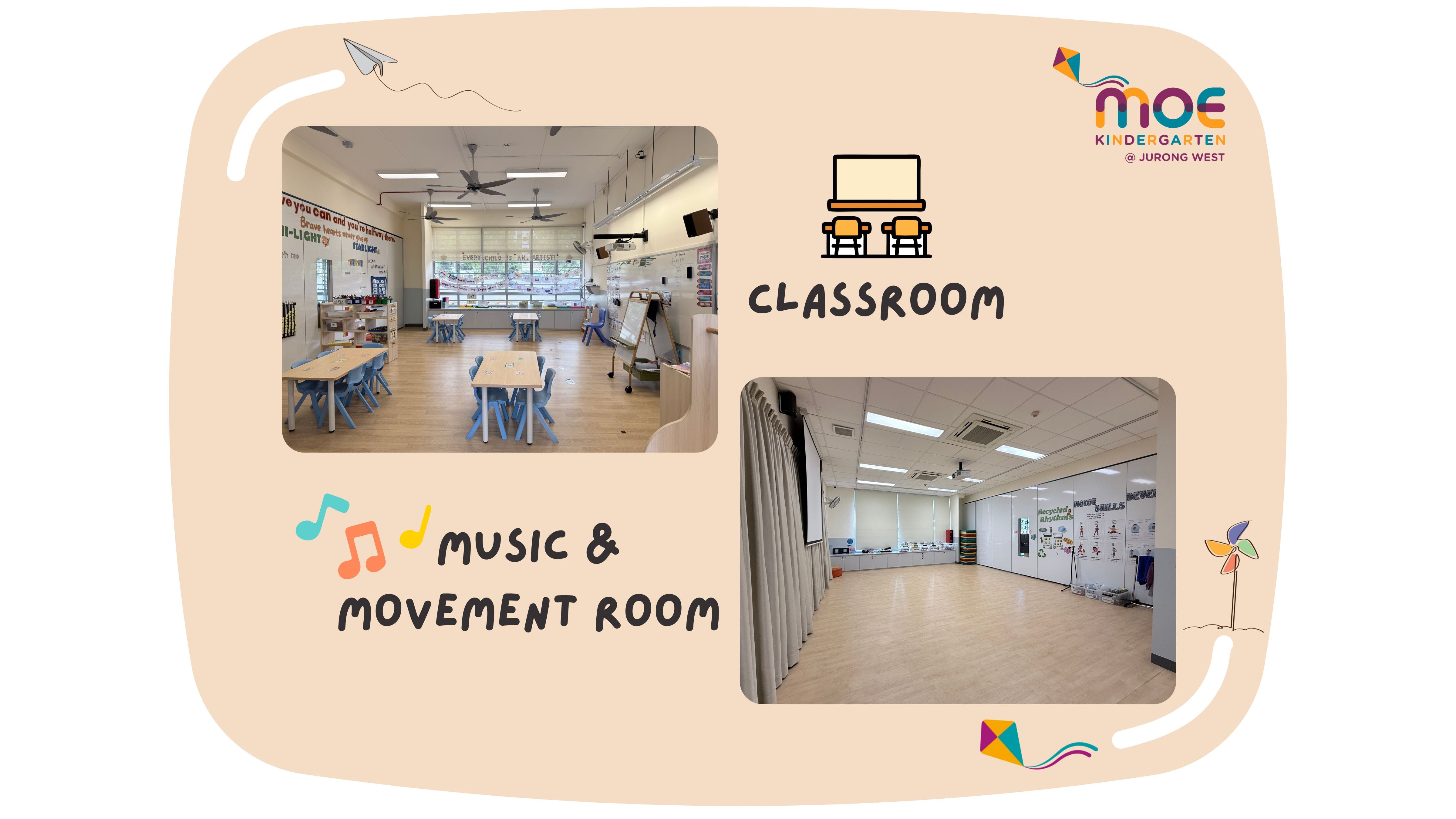MOE Kindergarten at Jurong West showing a bright classroom with small tables and a spacious music and movement room.