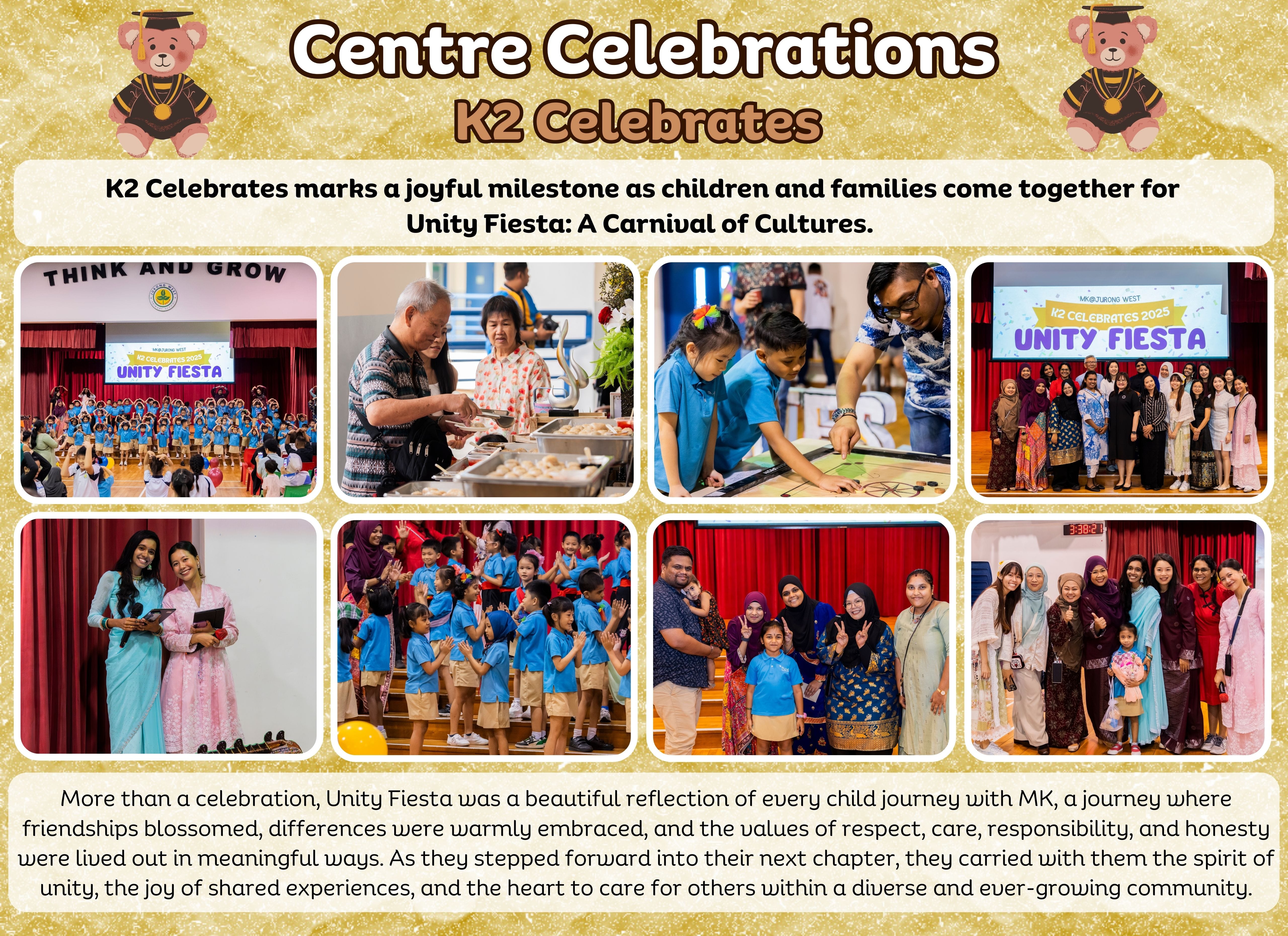 Flyer for K2 Celebrates Unity Fiesta event showing children, families, and teachers gathered in a school hall.