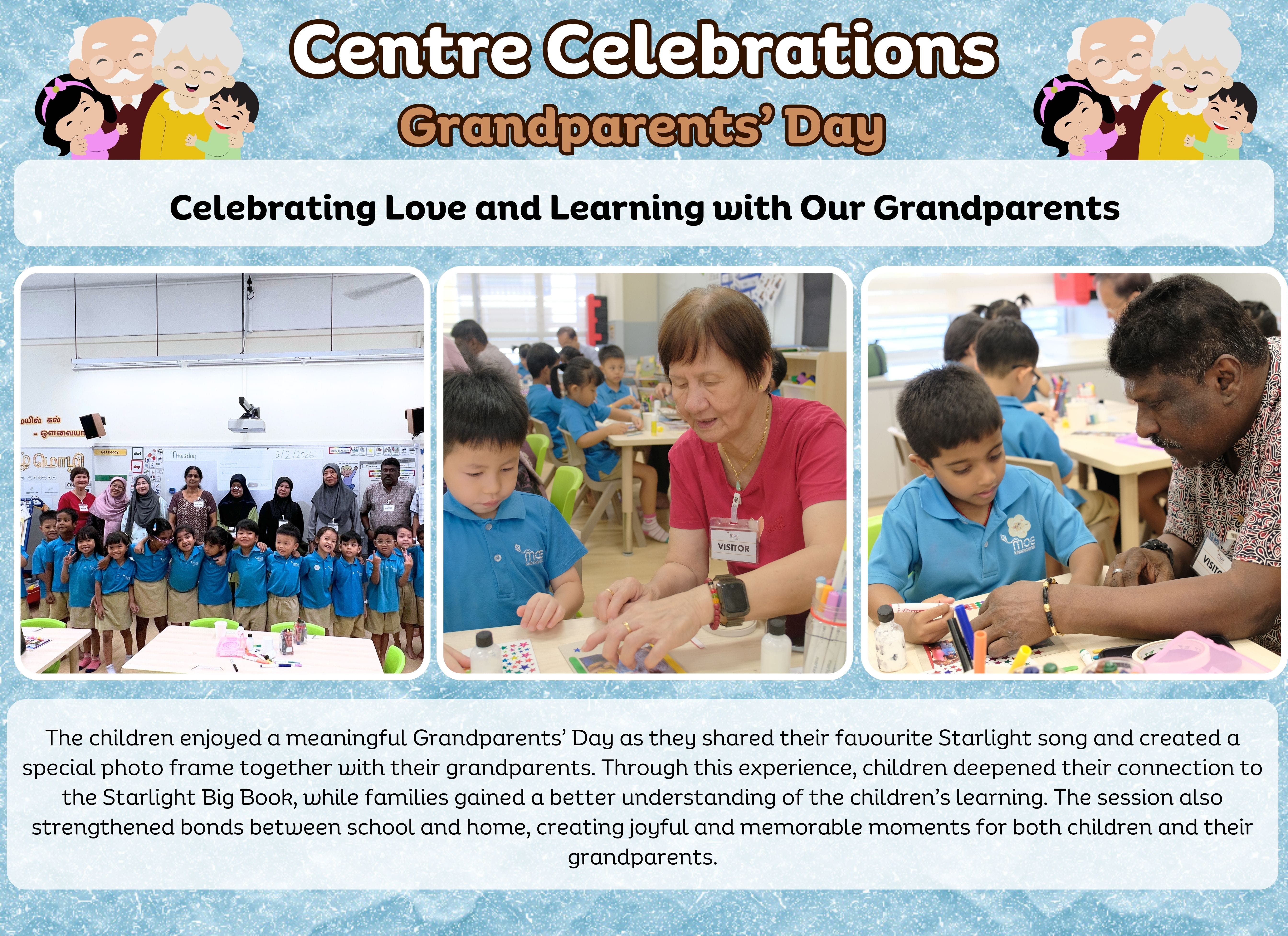Grandparents' Day flyer with three photos of young children in blue uniforms doing crafts with grandparents in a classroom.