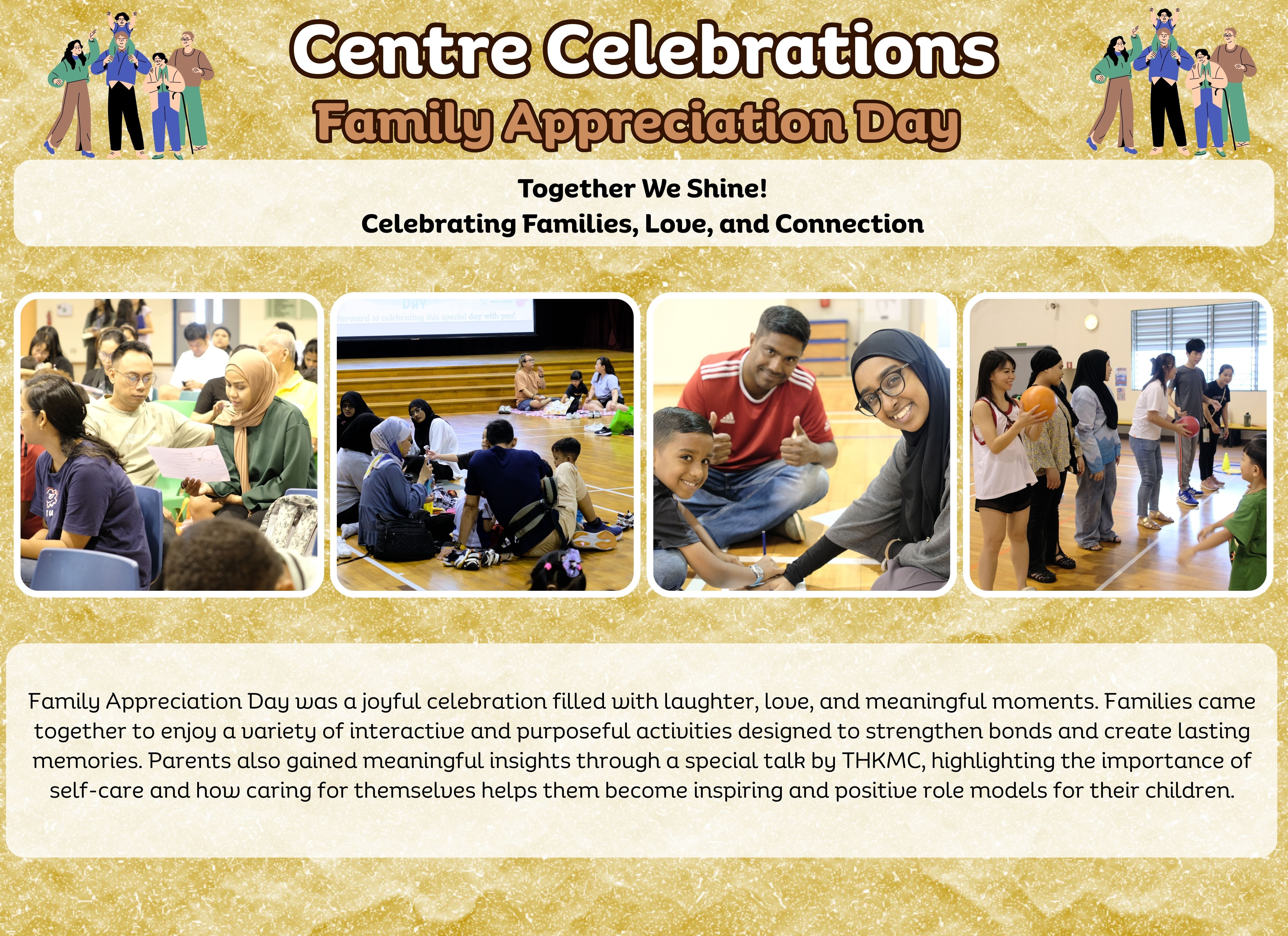 Flyer for Centre Celebrations Family Appreciation Day with four photos of families doing activities together indoors.